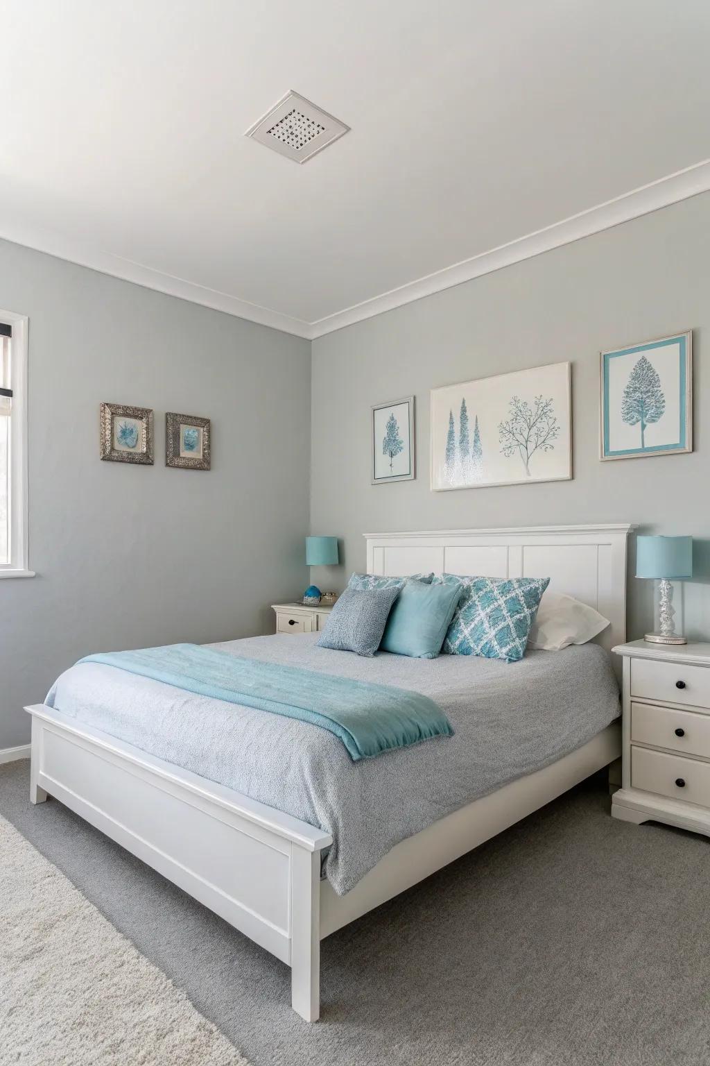 A simple style with pewter walls and azure accents creates a serene bedroom.