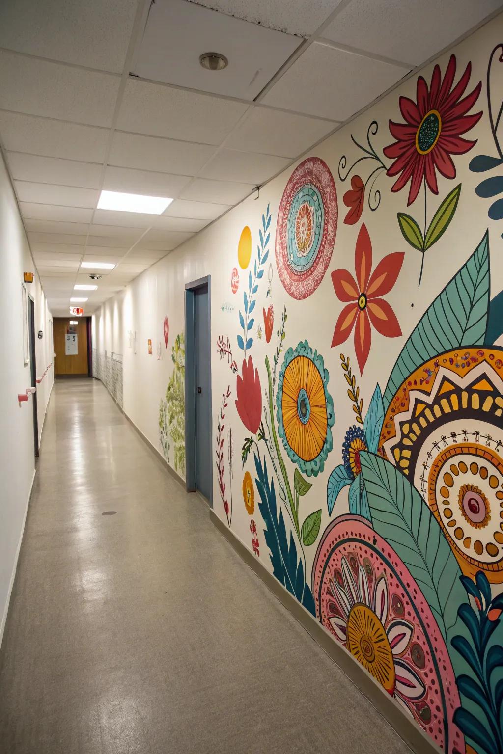 A wall painting introduces an unexpected artistic touch to the hallway.
