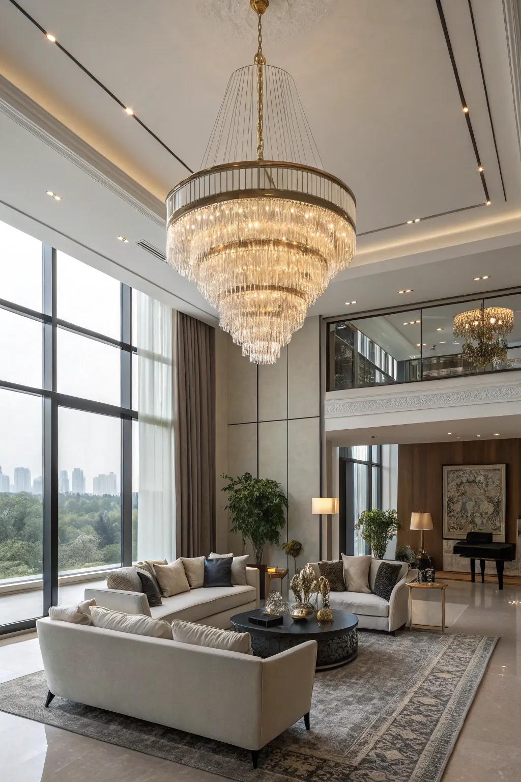 A striking chandelier enhancing the modern aesthetic of the room.