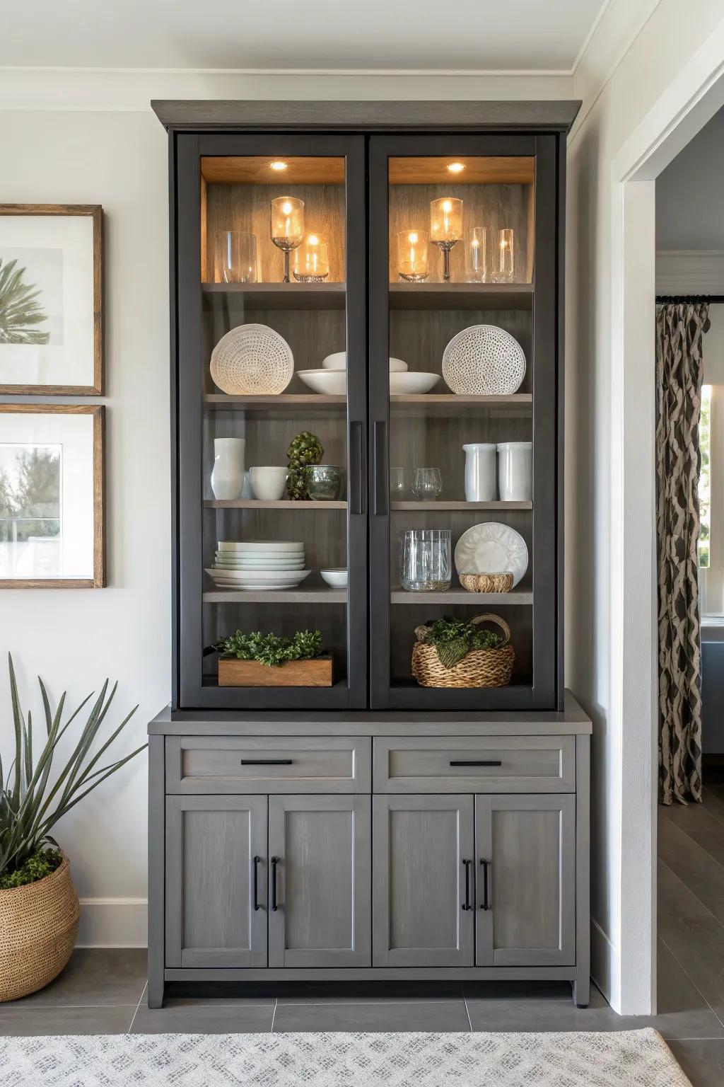 Symmetrical arrangements bring balance and harmony to the cabinet.
