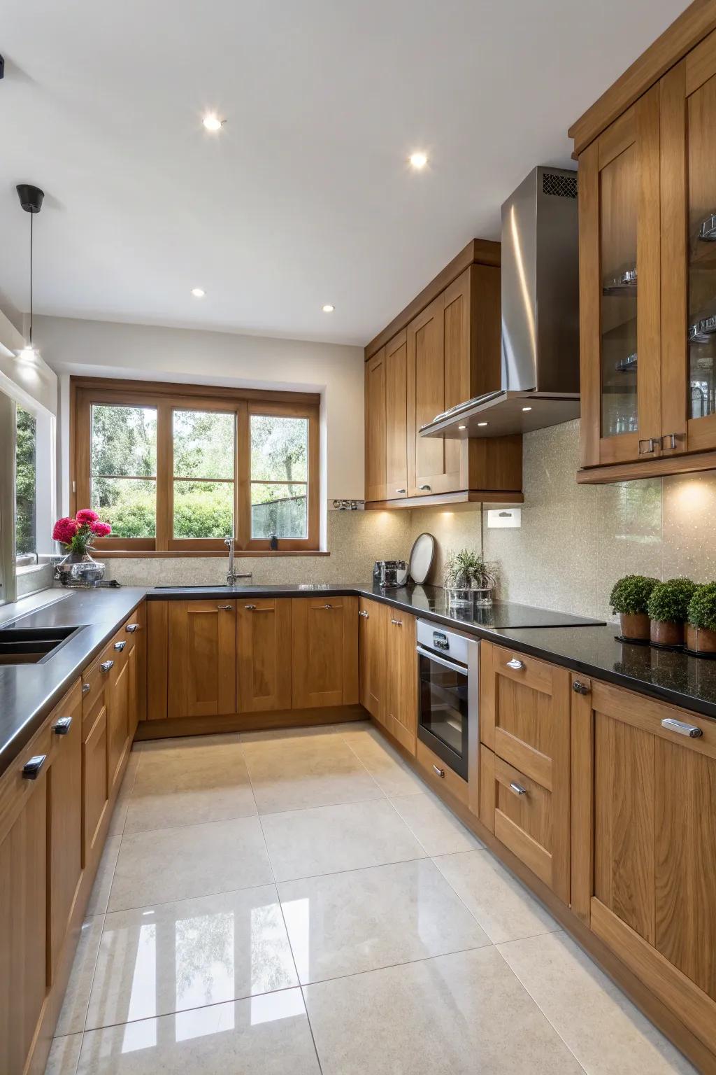 An L-shaped layout enables efficient space utilization in modern kitchens equipped with paneled-oak cabinets.