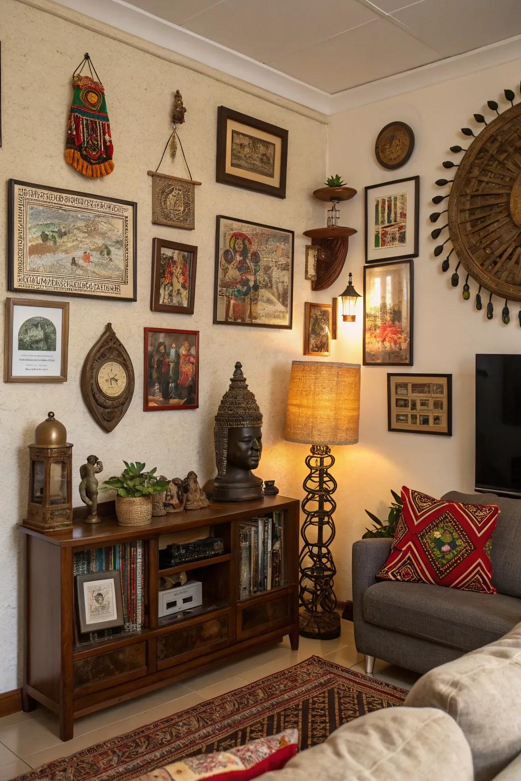Cultural items inject personality and depth to the modern living space.