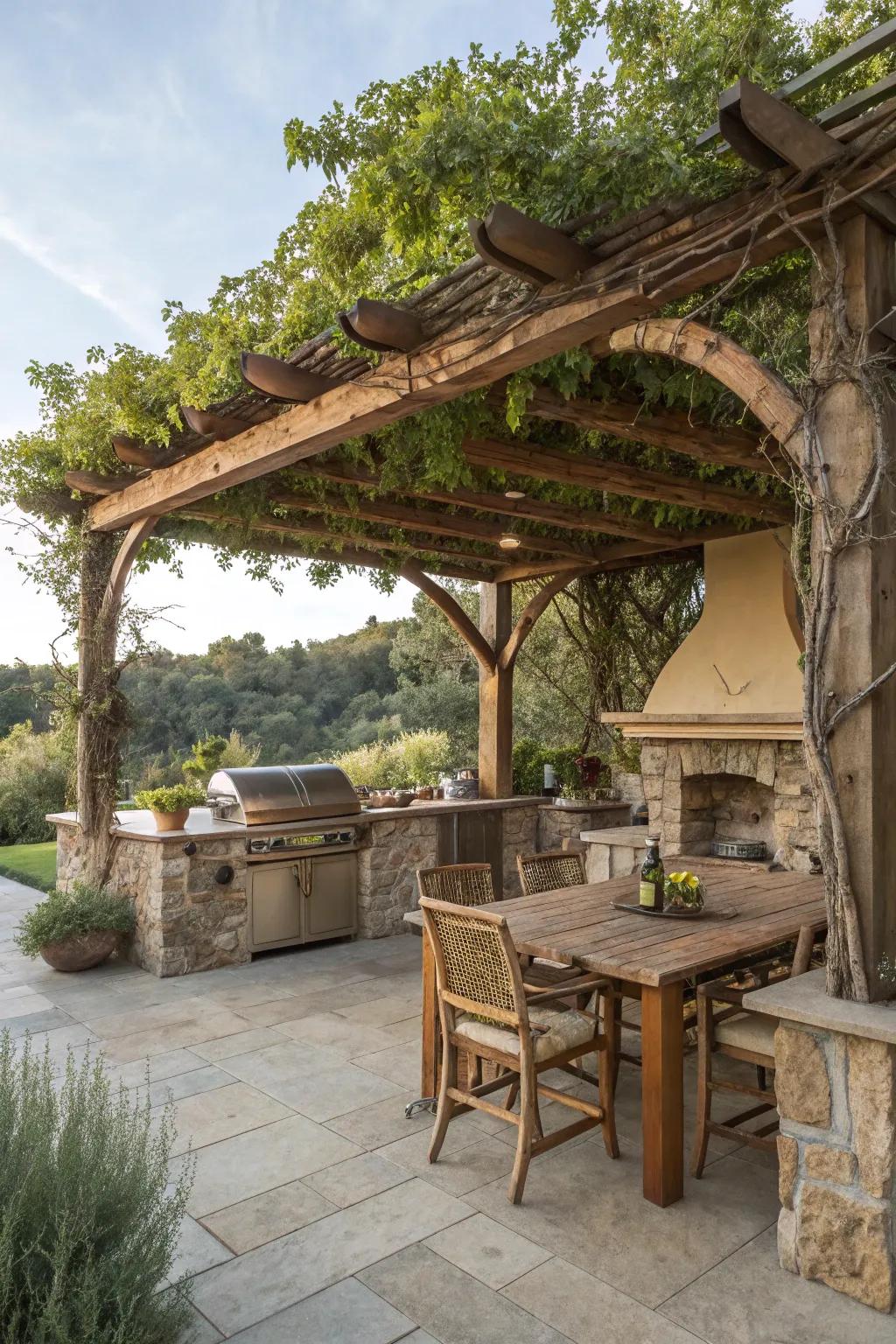 Nature-inspired pergola blending effortlessly with its backdrop.