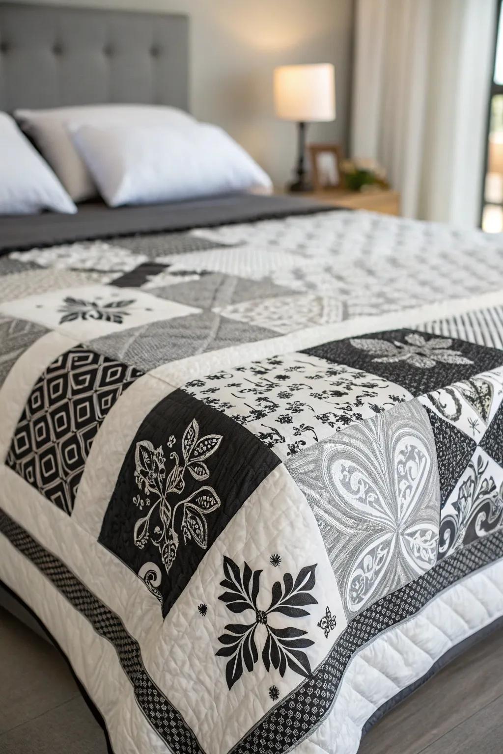 Monochrome quilts bring timeless elegance to any setting.