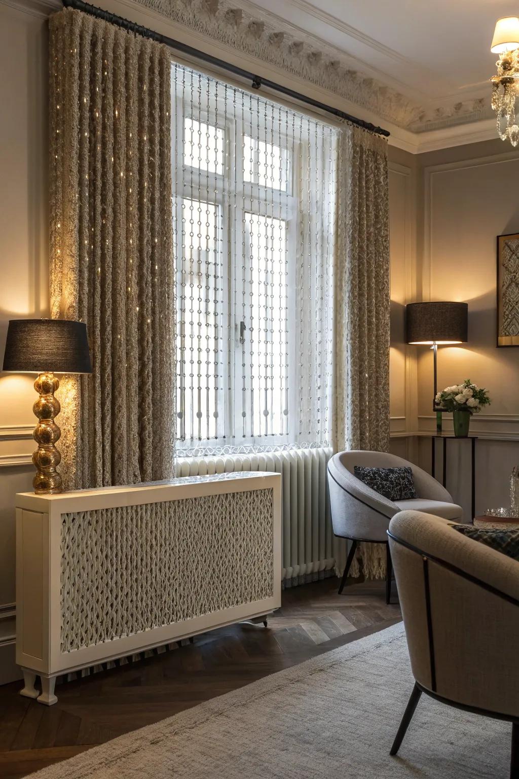 A radiator shield that has elegant beaded curtains.