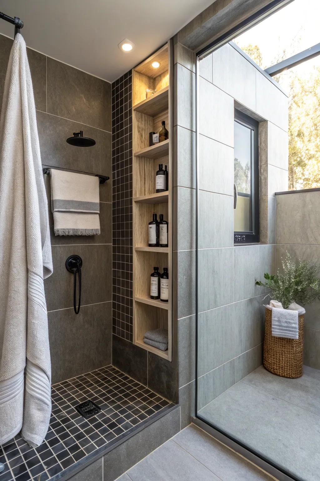 A shower enhanced with contained organizers that blend storage with flair.