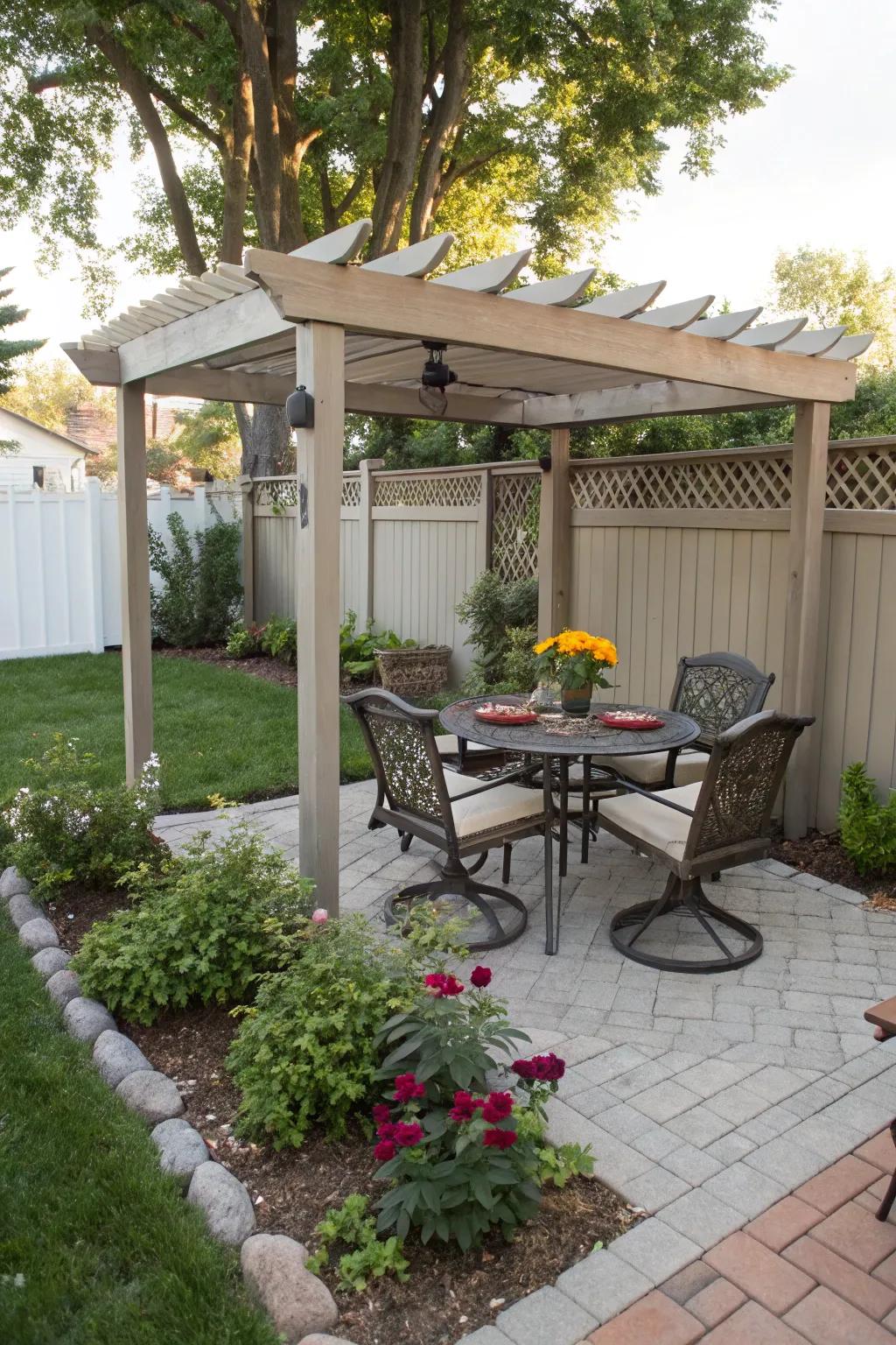A small pergola adds charm and visual interest.