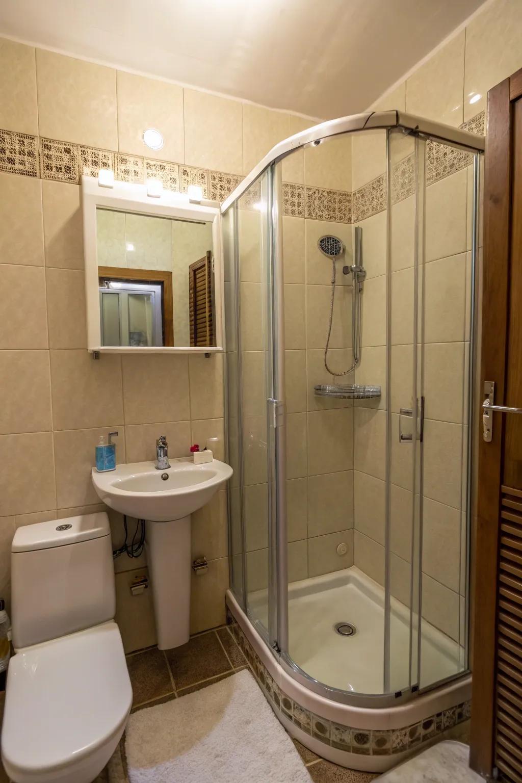 Transparent enclosures reveal and enlarge this small bathroom.