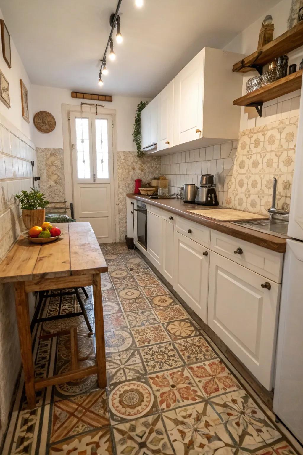 Encaustic patterned tiles adding vintage vibes to a small kitchen