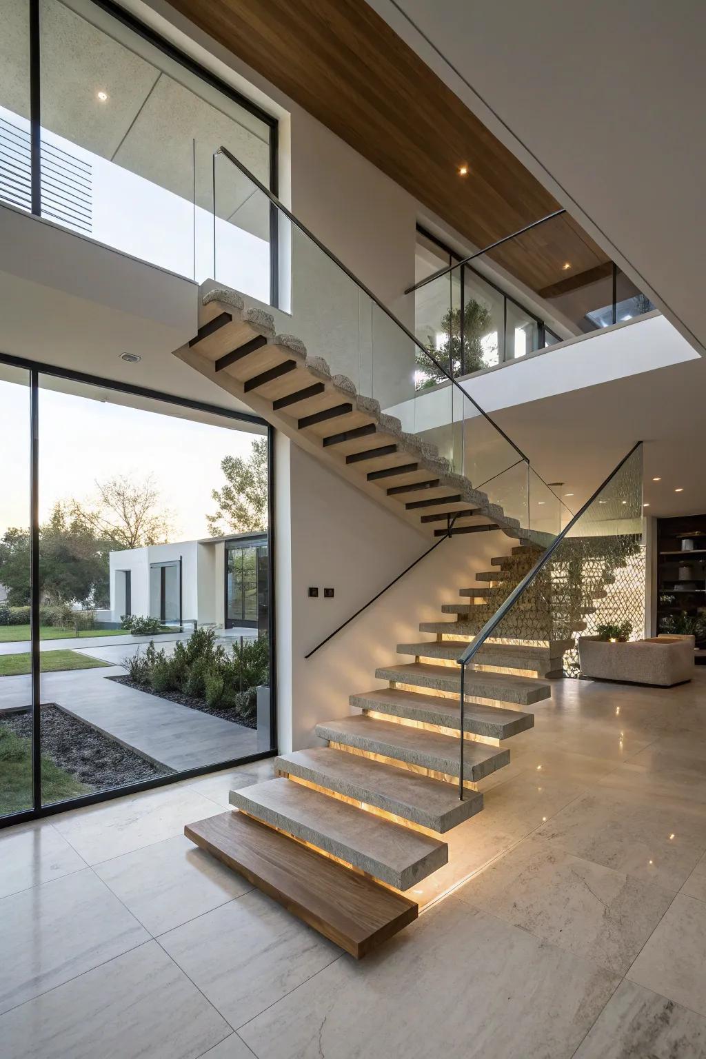 Overhanging stairs give the impression of floating, enhancing modern grace.