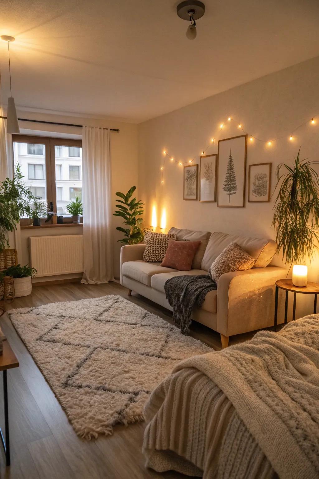 A cozy studio apartment showcasing soft furnishings and warm lighting.