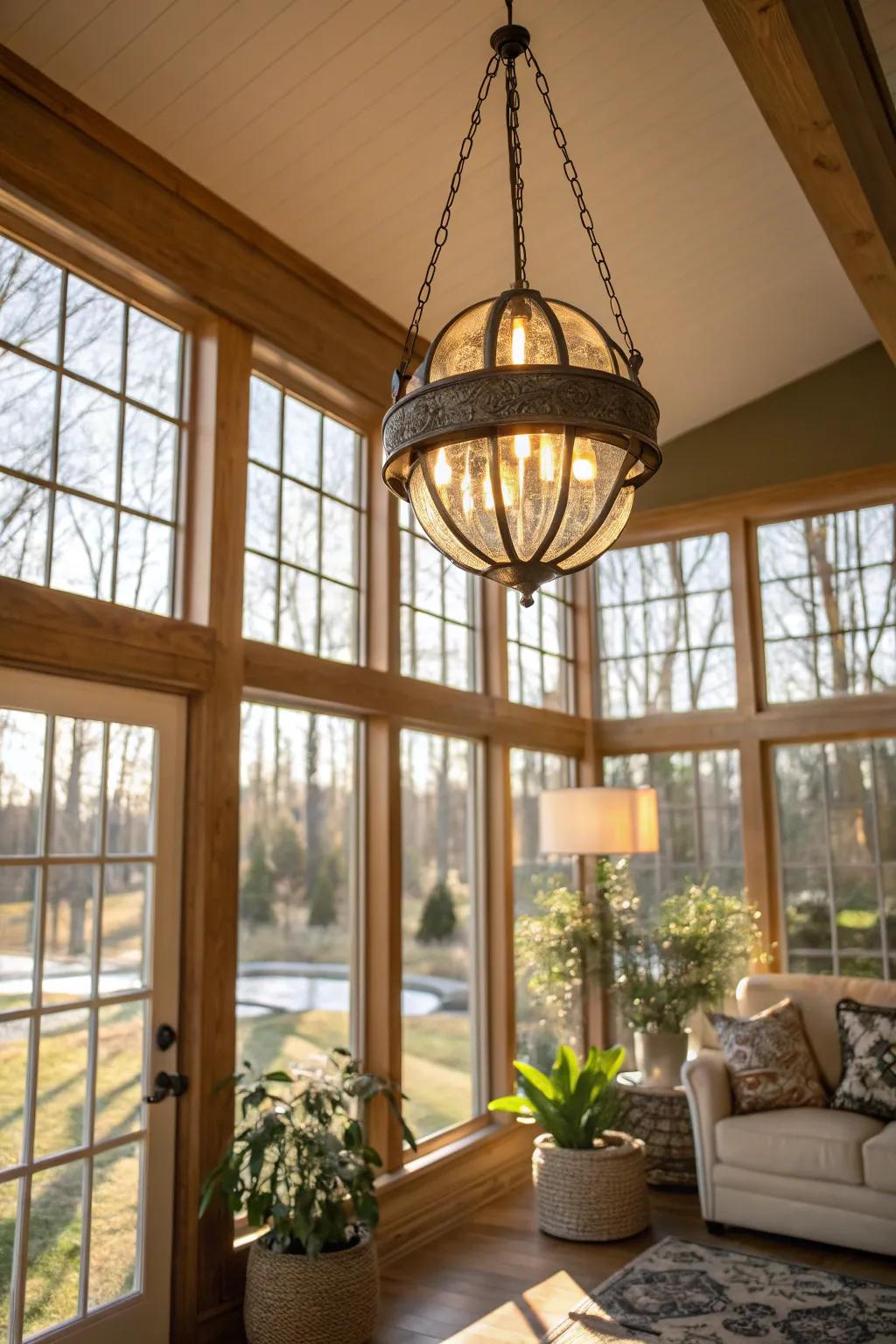 A bold illumination fixture adds elegance to this modern sunroom.