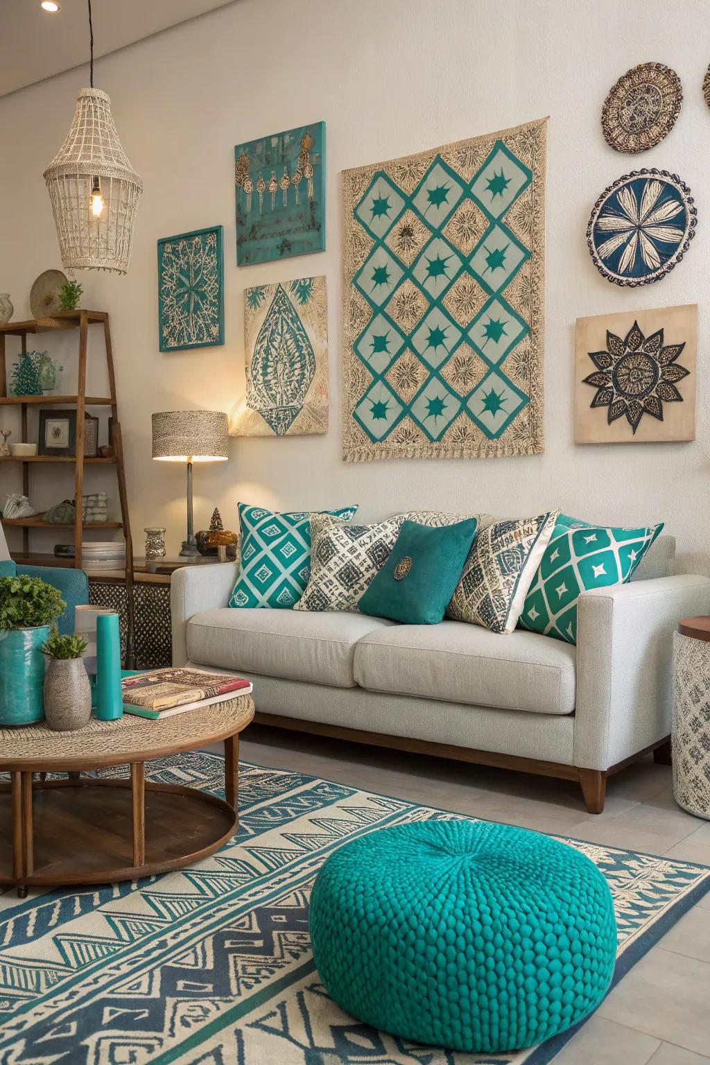 Geometric patterns add a dynamic touch to the modern teal living room.