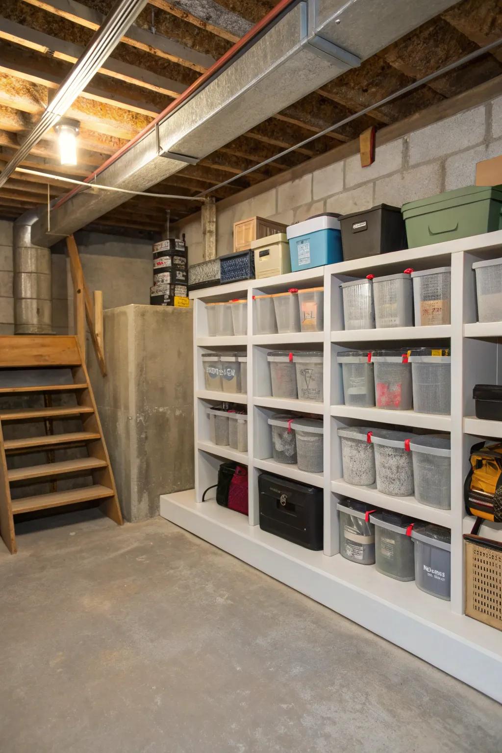 Useful storage maintains order in an unfinished basement.