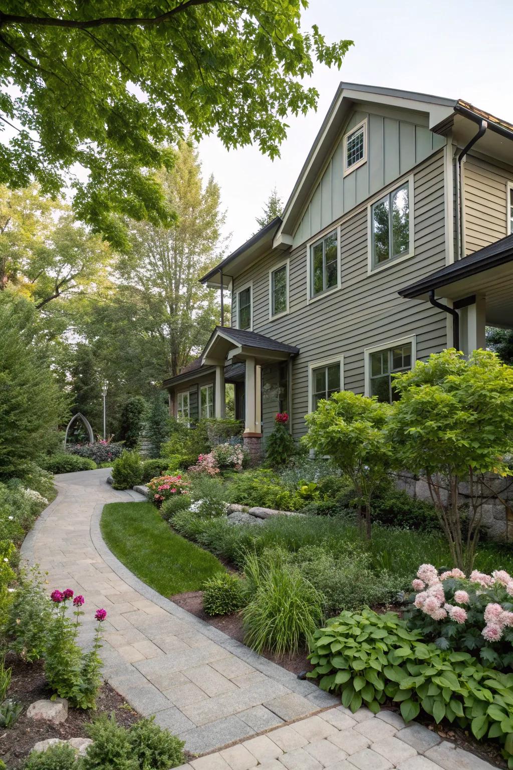 Harmonious vertical siding and landscaping