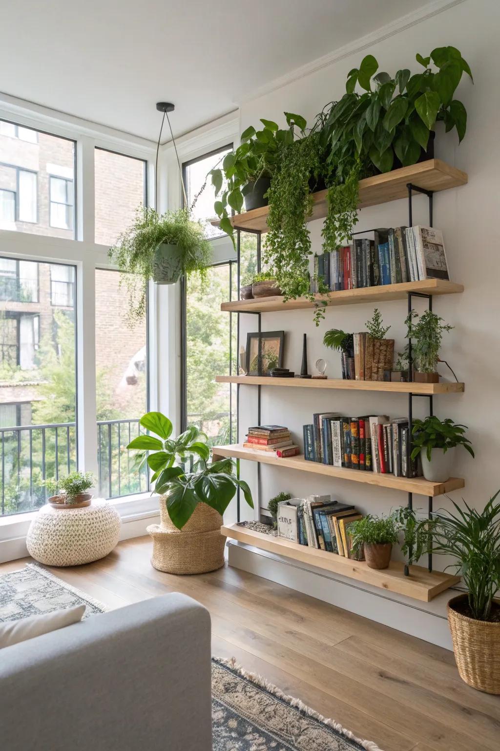 Floating shelves offering a versatile display for plants and books.