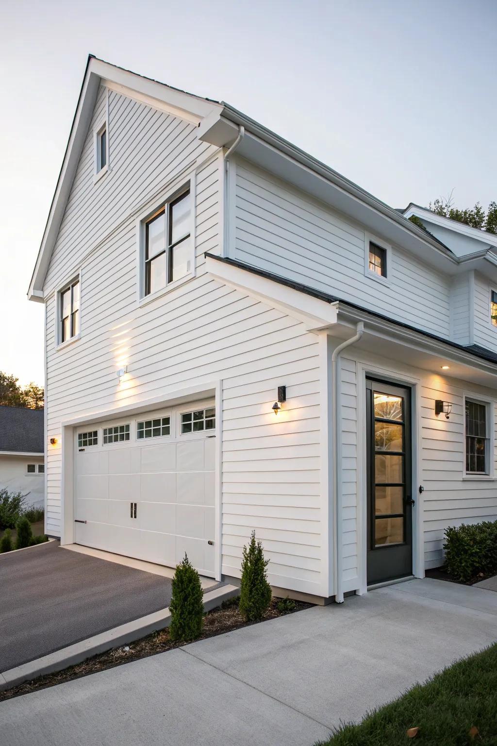 A cohesive blueprint with the garage integrating uniformly into the white-clad home.