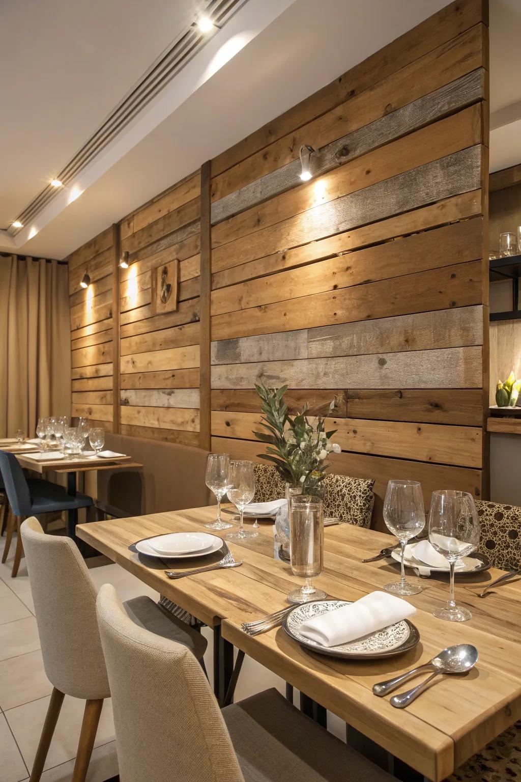 Enrich your space by adding depth and warmth with a wood slat wall featuring a variety of wood tones.