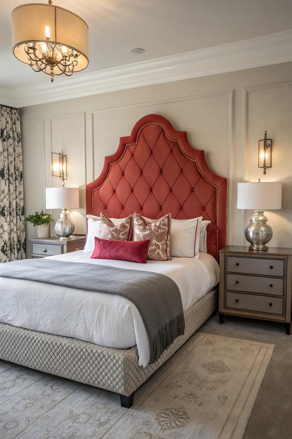 A modern bedroom showcasing a captivating, statement headboard.