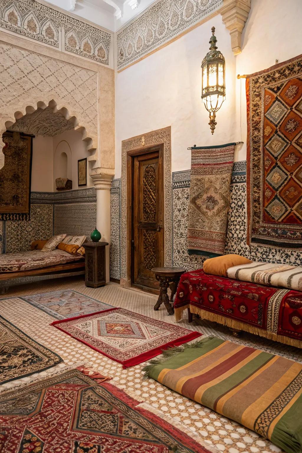 Layered floor coverings increase comfort and visual interest to Marrakech floors.