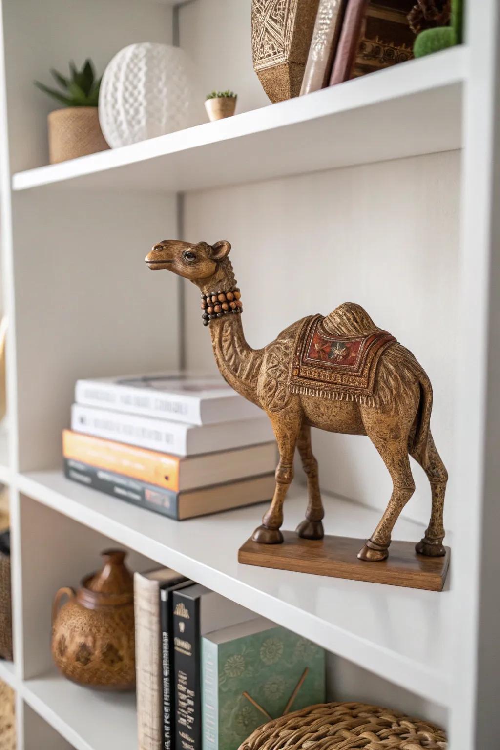 An endearing camel sculpture injecting a touch of Moroccan fancy into your decor.