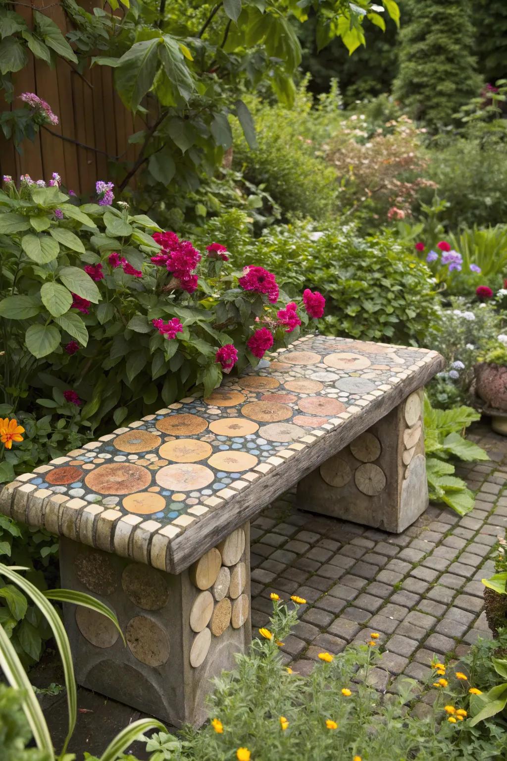 Wood division mosaics contribute rustic charm to outdoor environments.