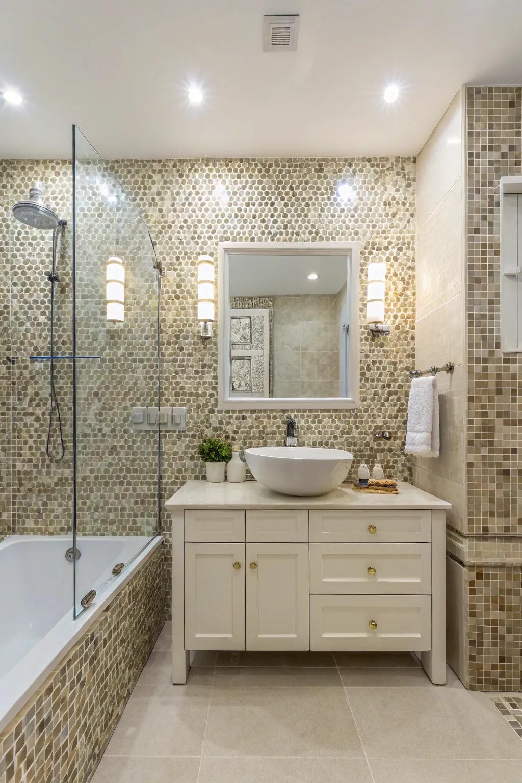 Achieve harmony by coordinating tiles with bathroom fixtures.