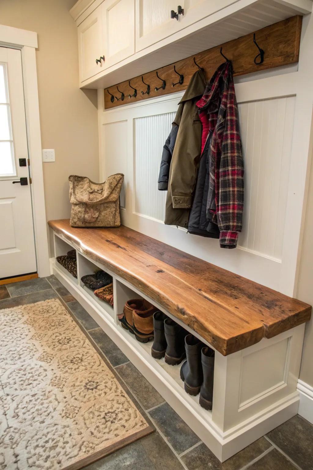 A countryside mudroom seating featuring a distinctive live edge top.