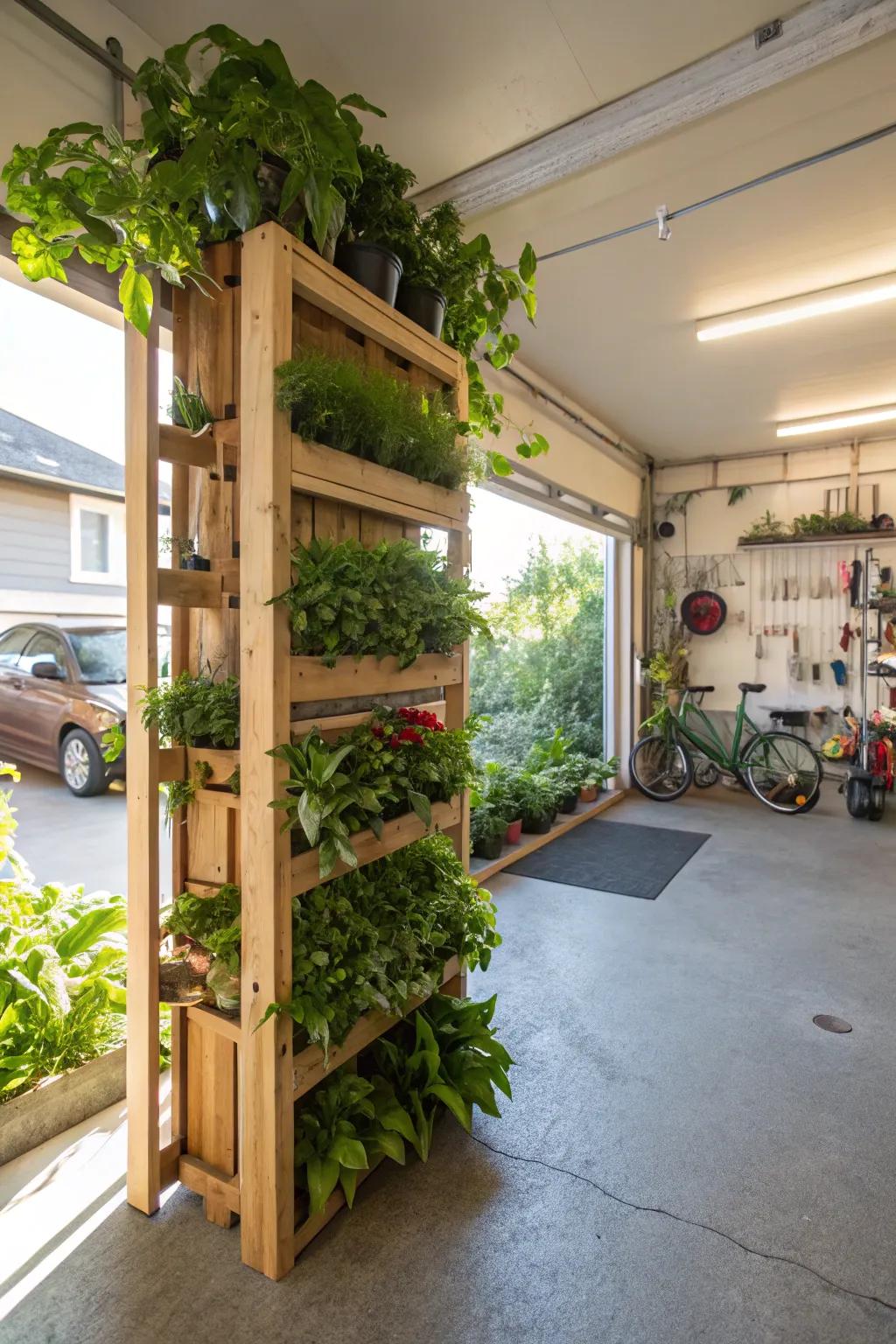 A lush house garden thriving inside a garage.