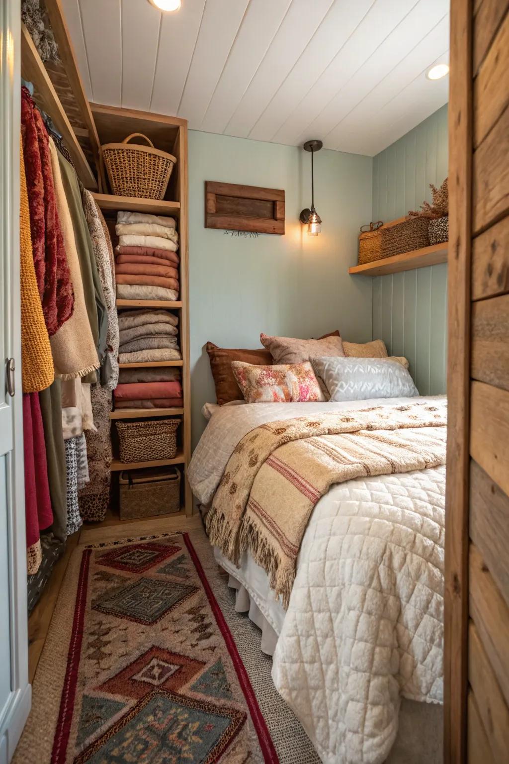 Layered textiles add depth and warmth in a narrow bedroom.