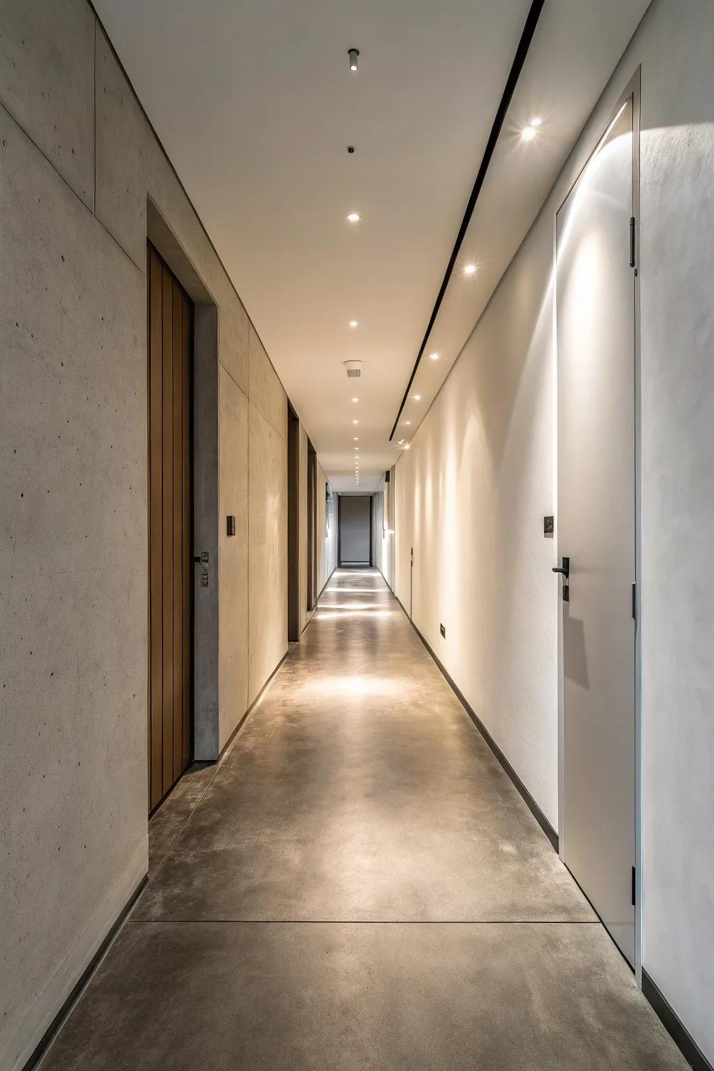 Solidified mud flooring offers a refined, modern aesthetic in slim hallways.