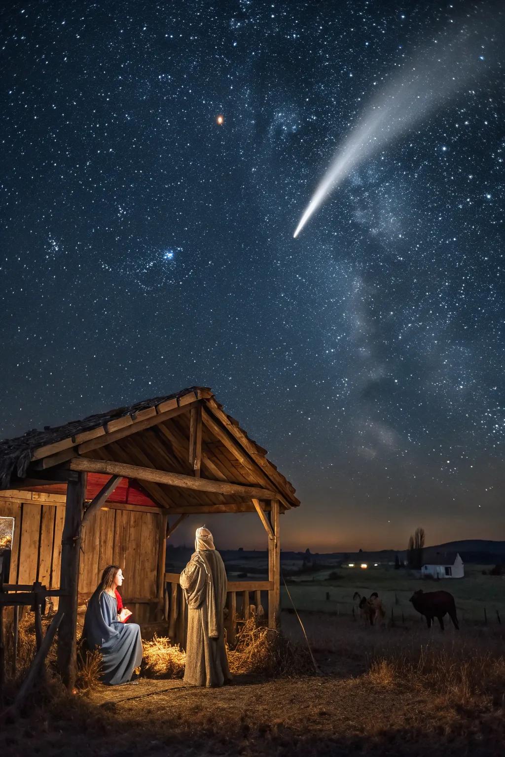 A glimmering comet backdrop complements your nativity scene.