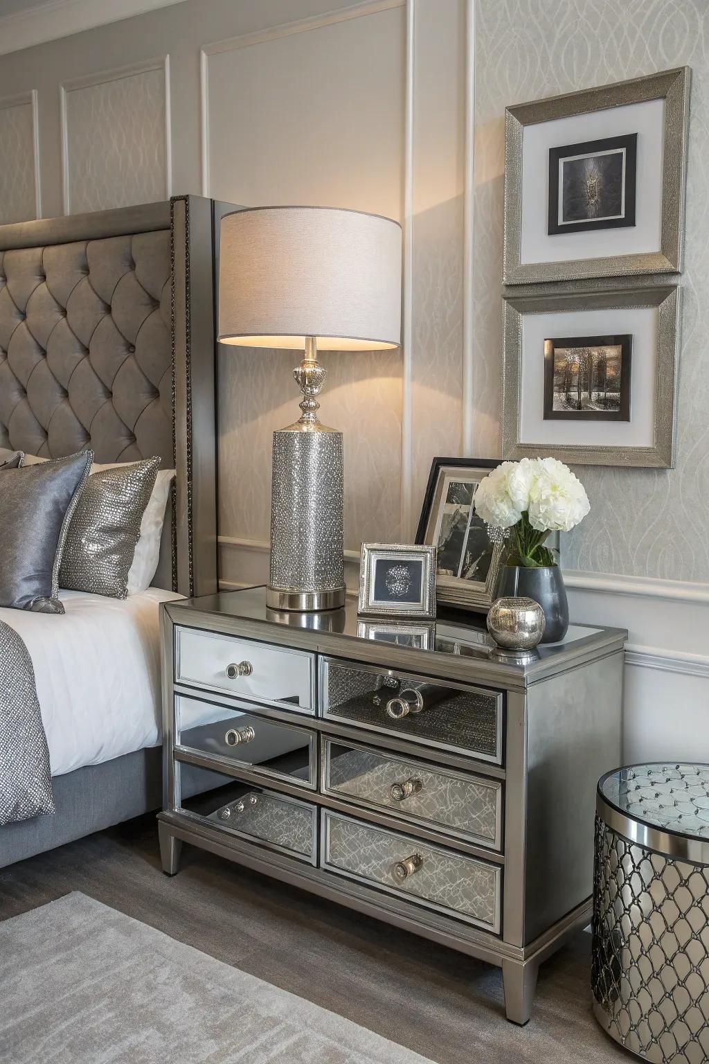 Metallic grey details add an elegant touch to the room.