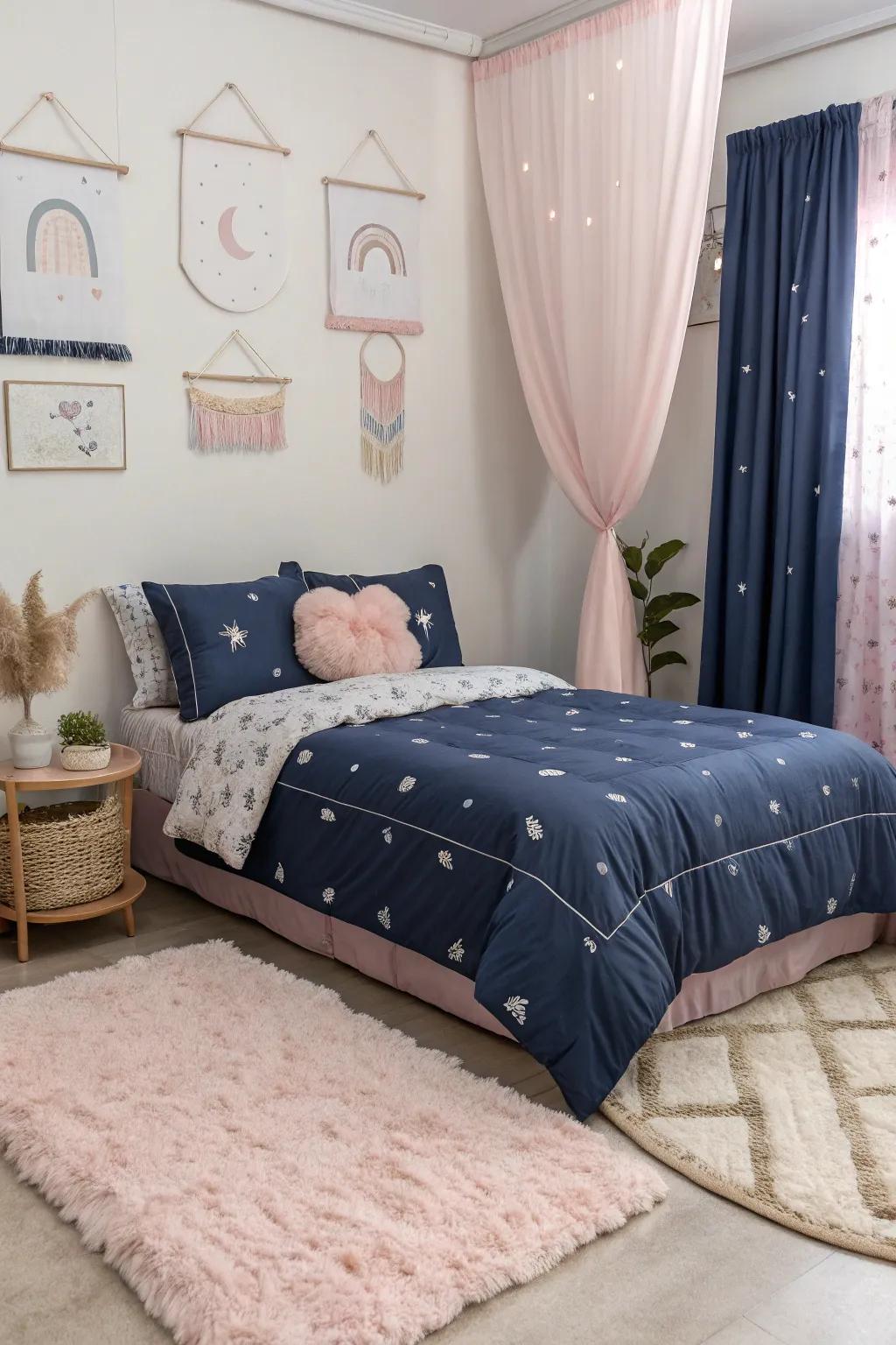 Soften navy with pastel accents for a serene balance.