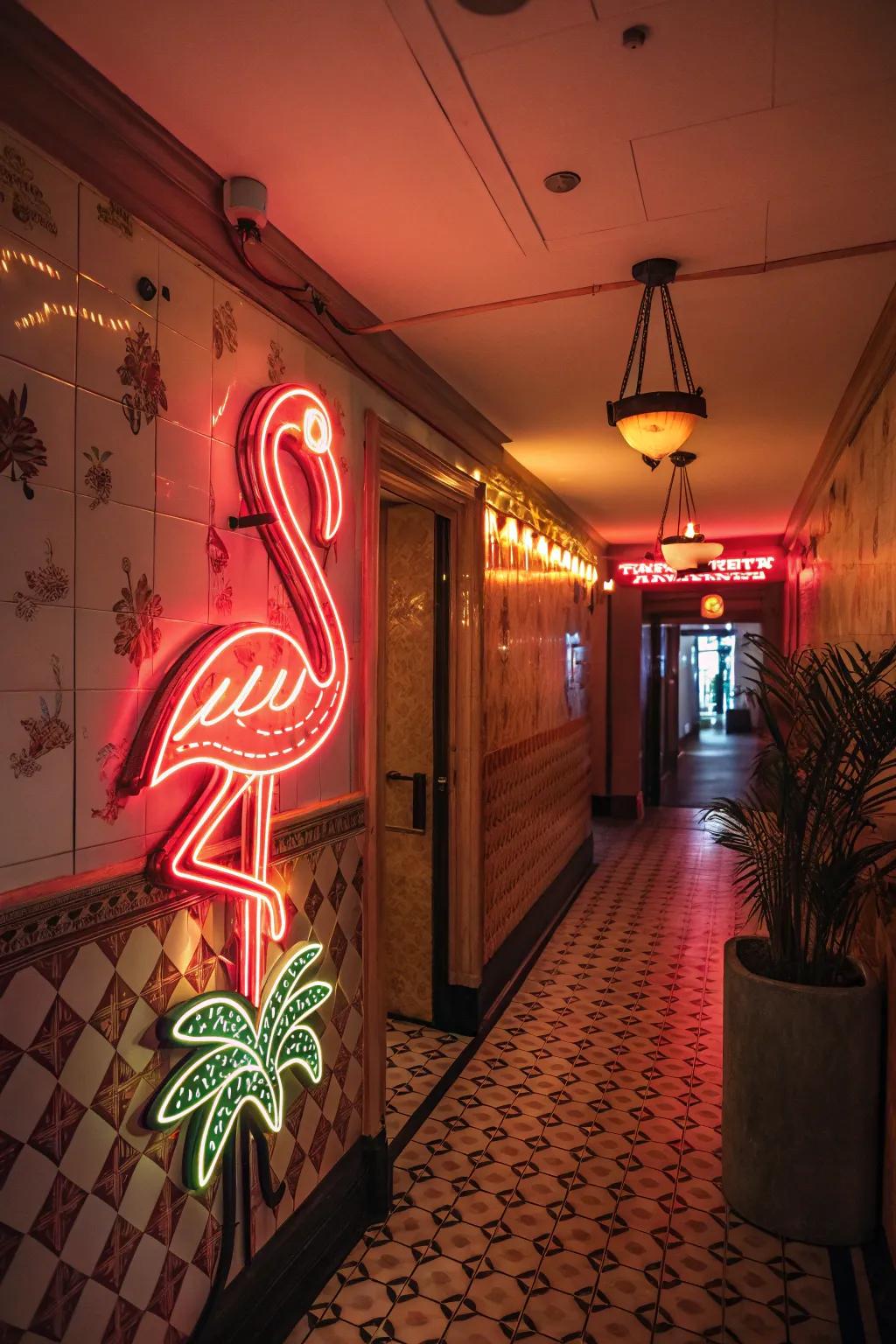 A retro flamingo sign introduces vintage charm to a hallway.