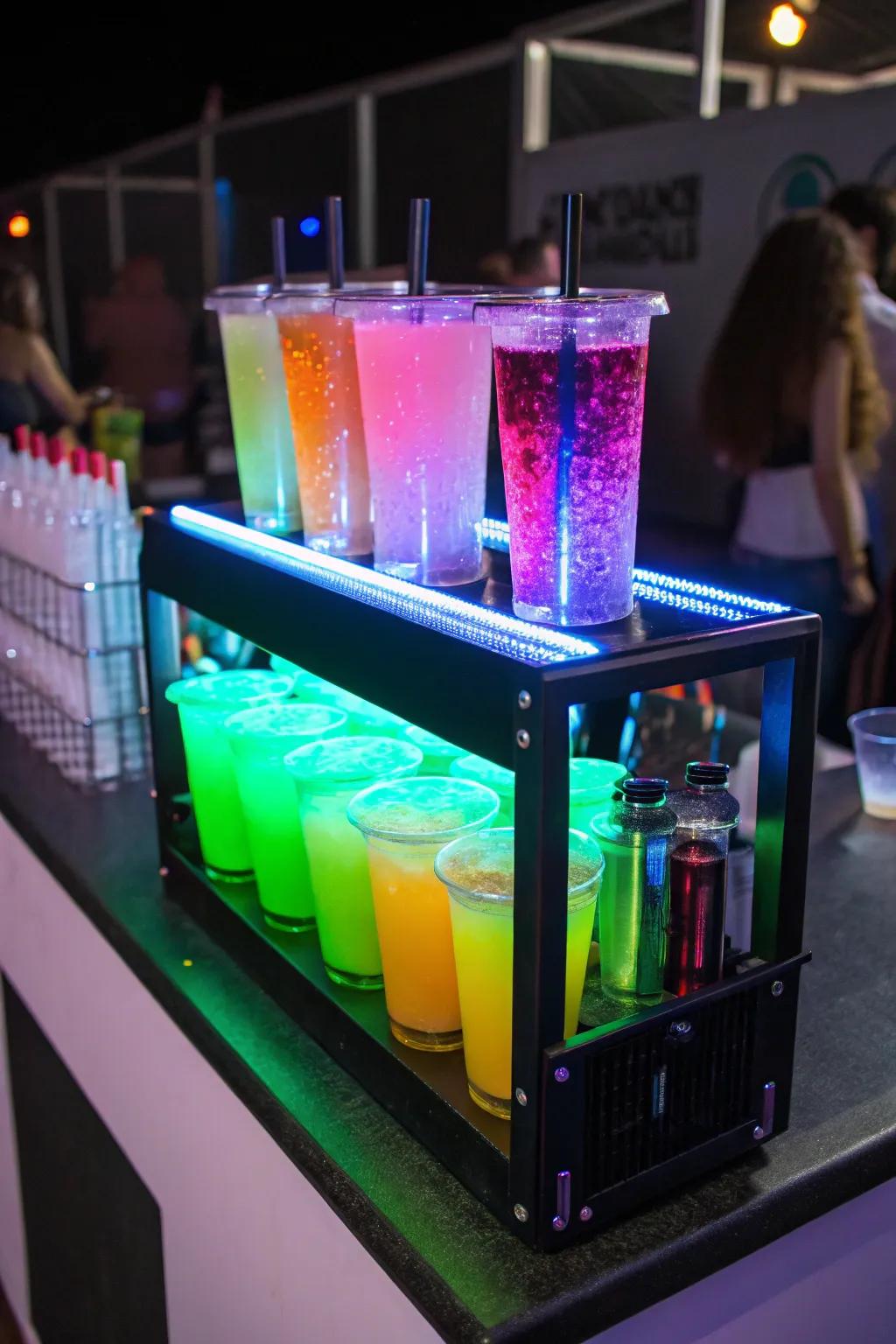 A neon beverage station using drinks glowing under blacklight, featuring colorful and eye-catching mixed drinks.