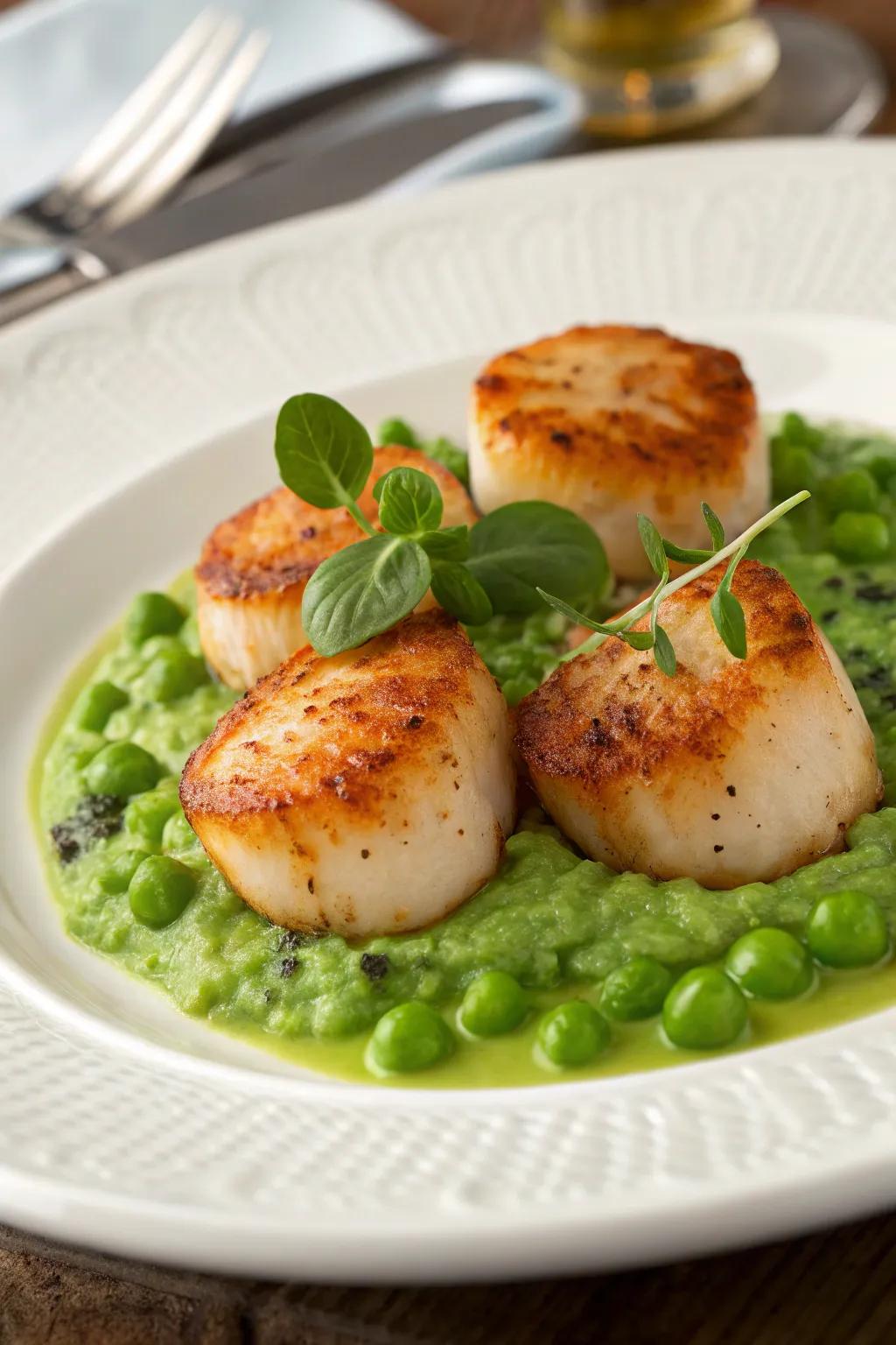 Seared shellfish with minted pea paste, contributing a refined touch to your New Year's dinner.