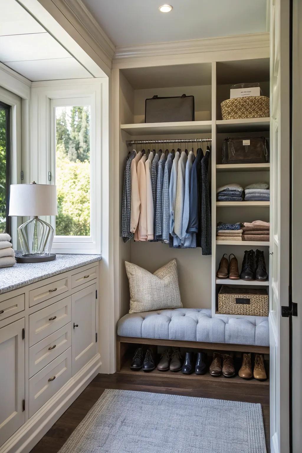 Open closet with a cozy seating area