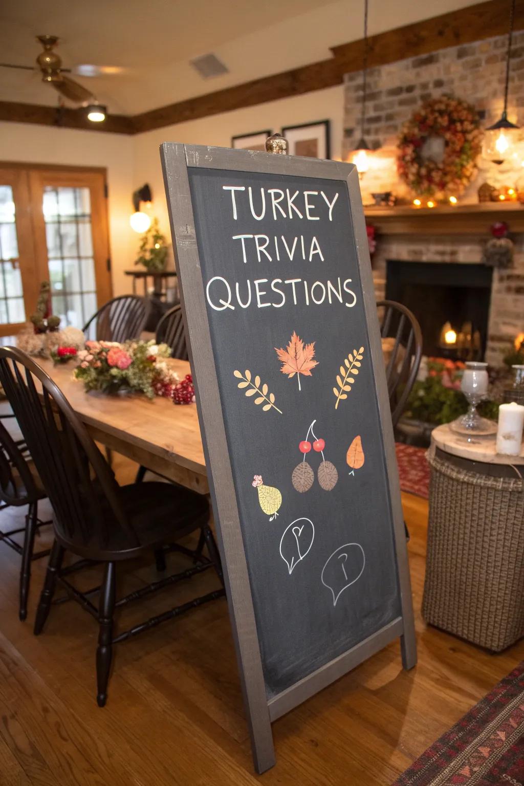 Engaging turkey trivia on a chalkboard, spurring interaction and merriment.