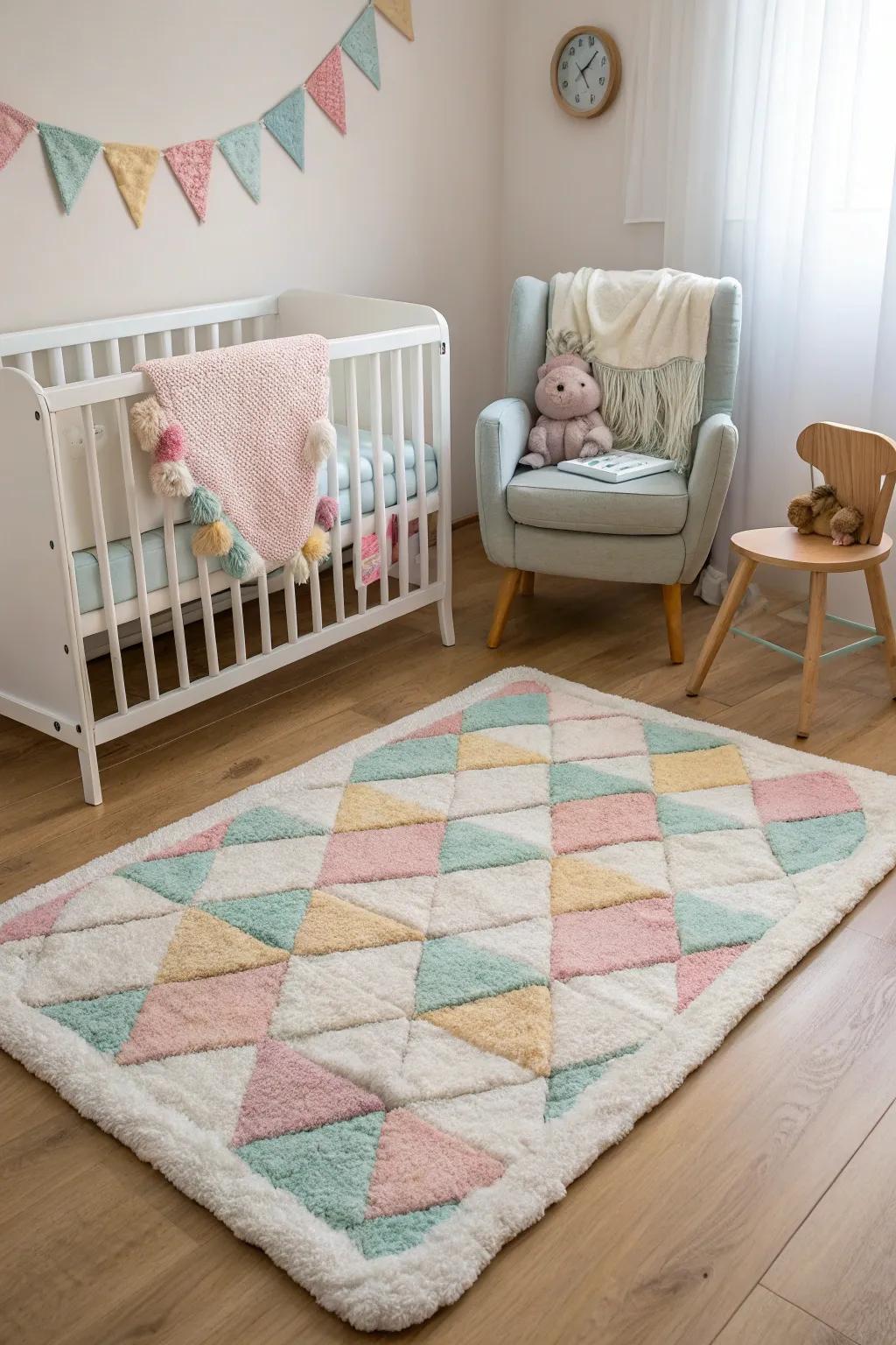 A snug rug imparts coziness and panache to the nursery nook.