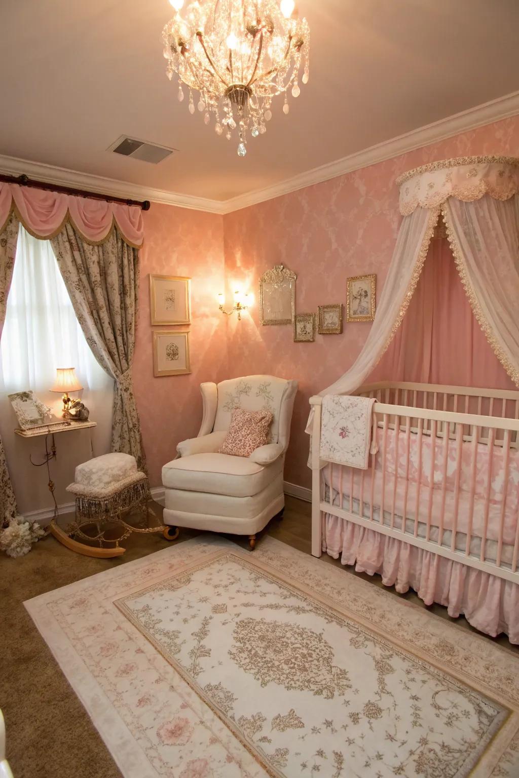 An elegant nursery featuring rouge pink walls.