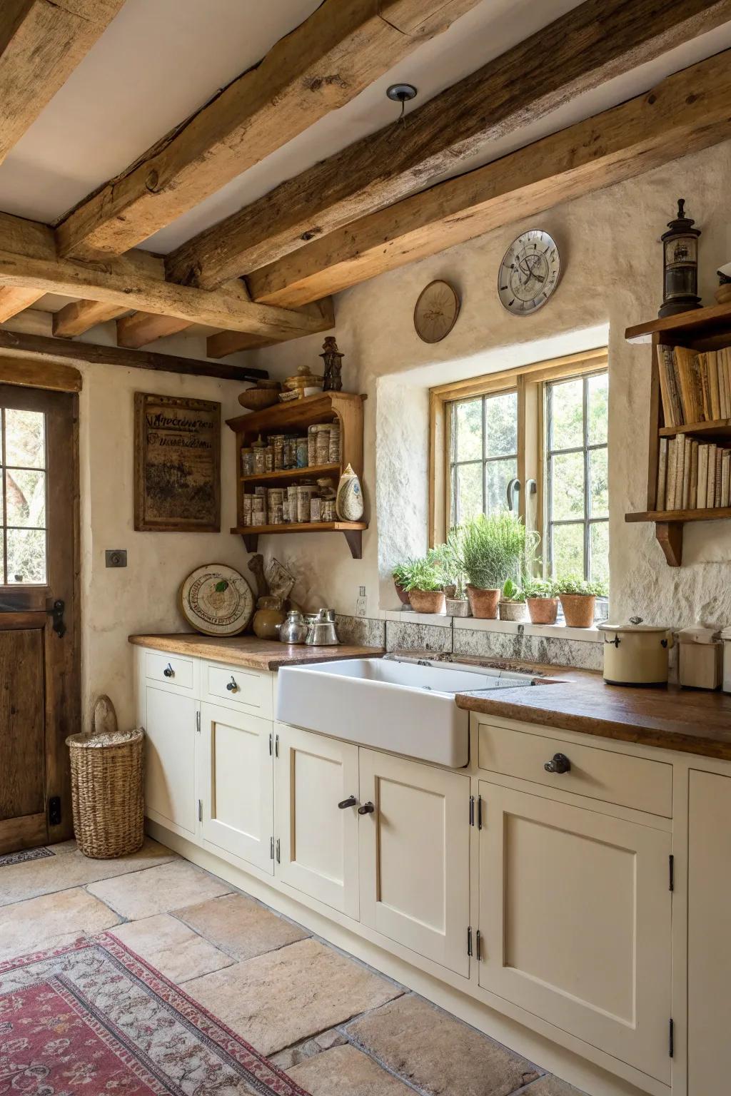 Country touches go well with cream cabinets.