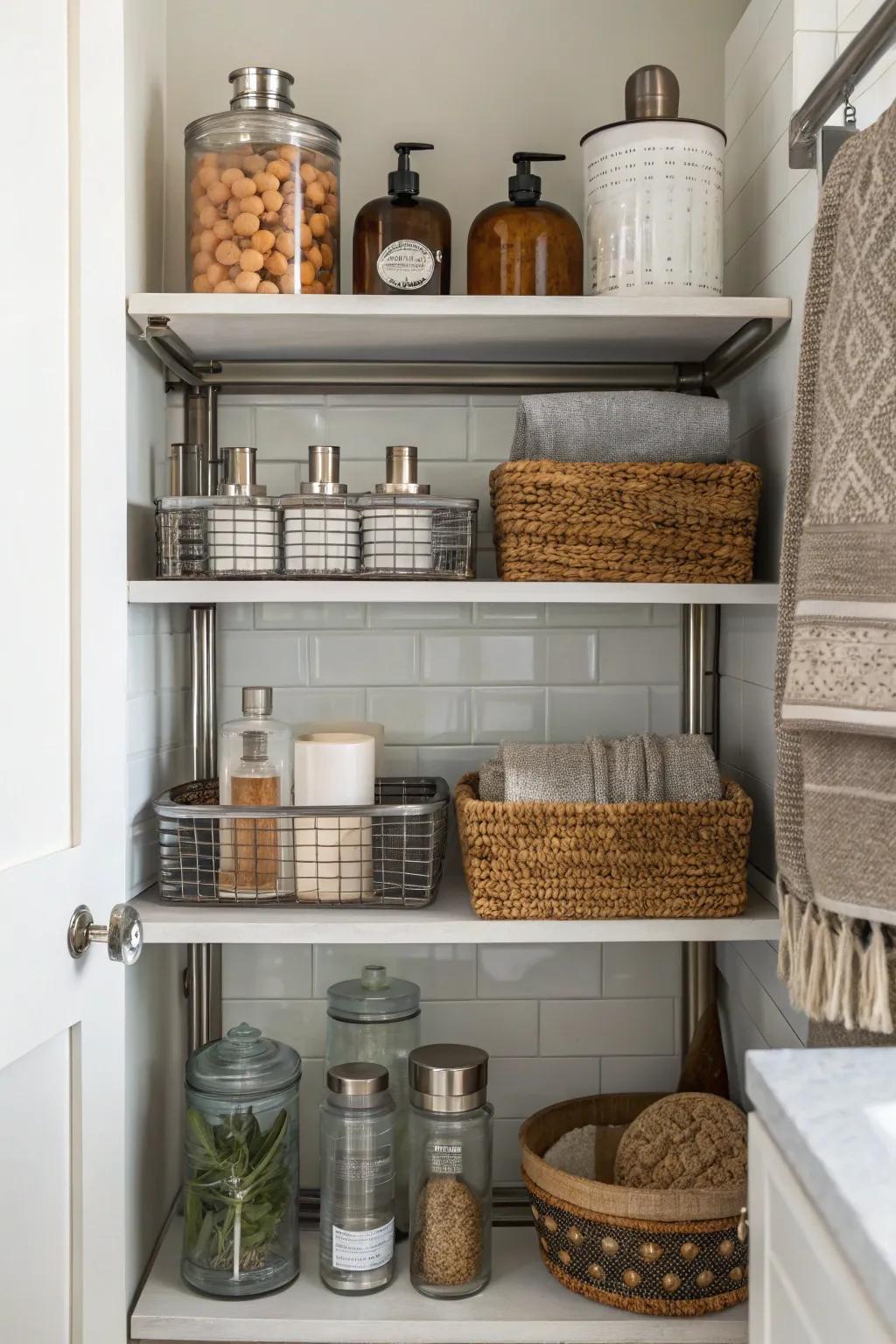 A mix of feels enhances depth across exposed bathroom shelving.