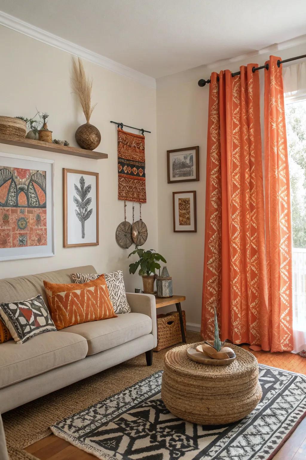 Eclectic living room with mixed-patterned orange window coverings.