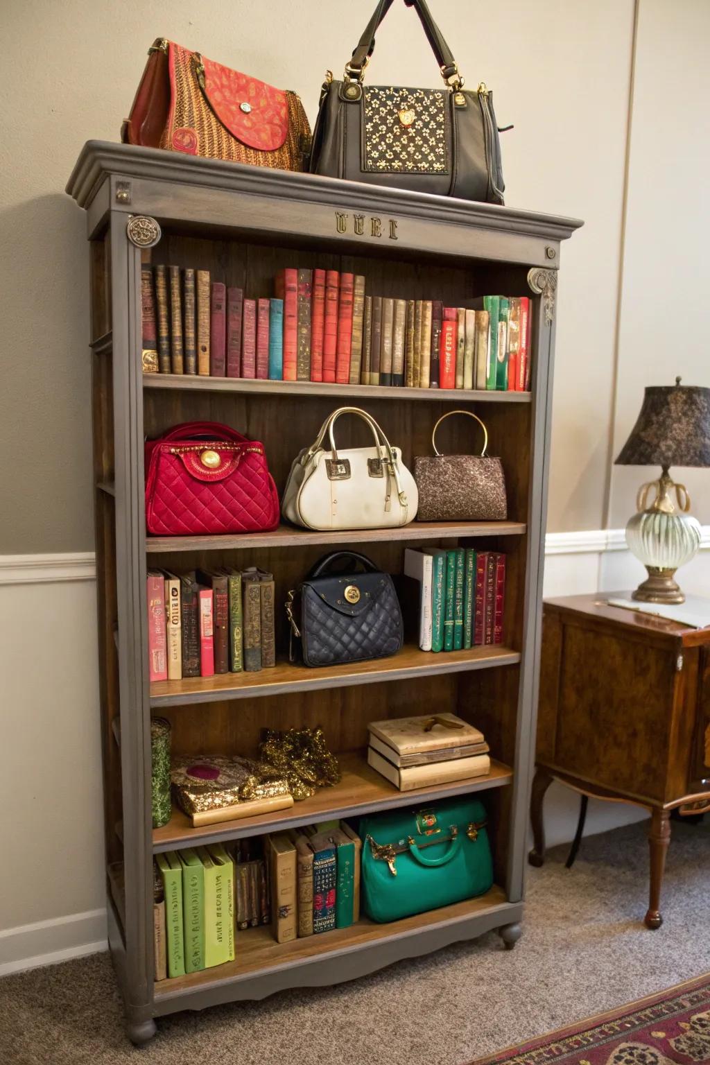 A repurposed bookcase presents a creative and economical bag organizer.