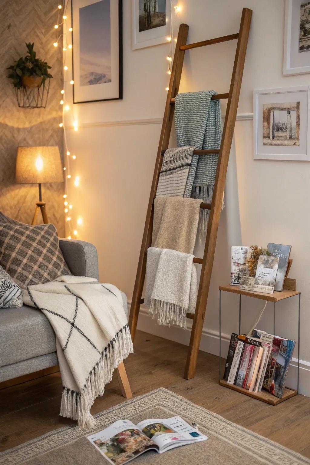 A stairway introduces both rustic allure and storage.