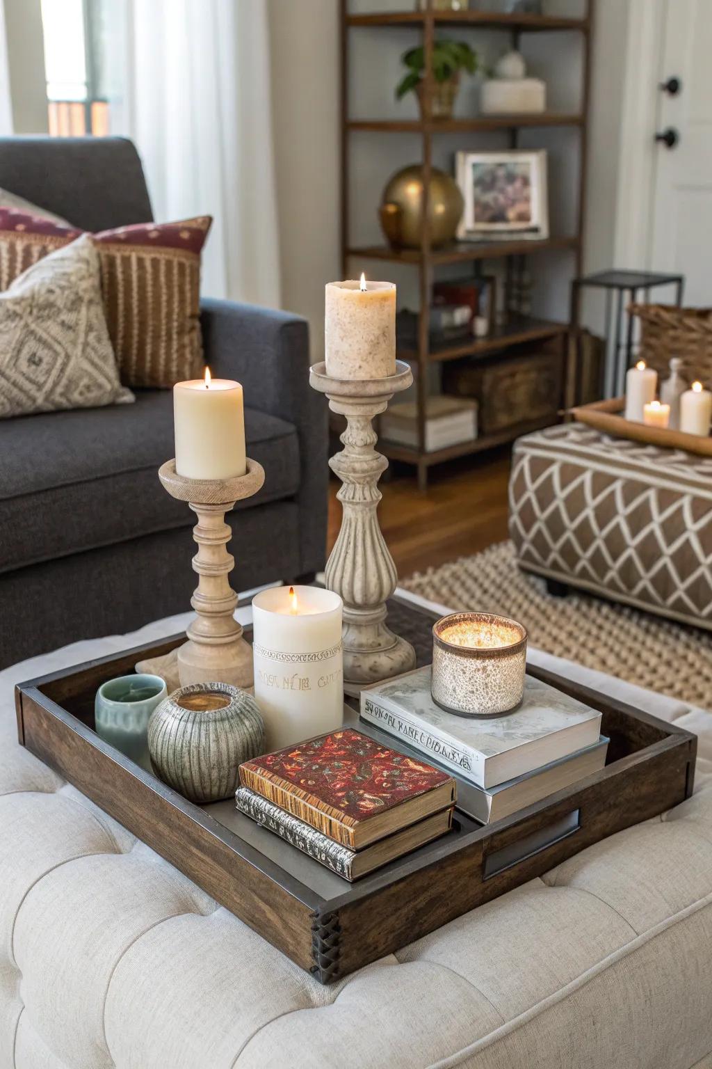 Create visual interest by varying decor heights.