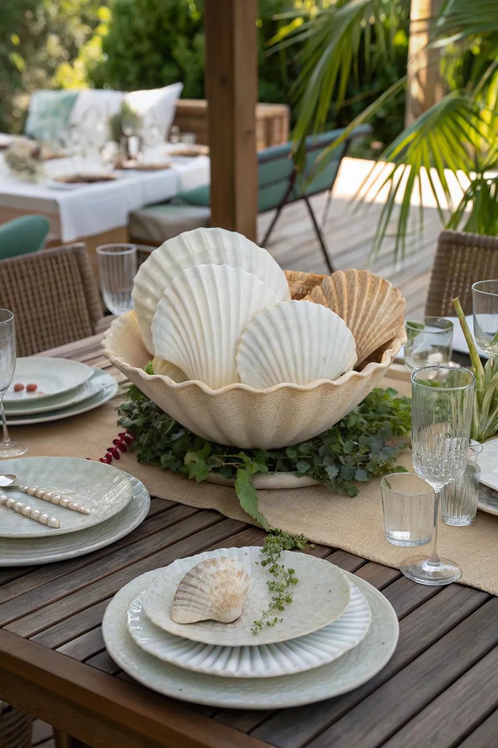 Shells contribute a coastal nuance to your outdoor dining venture.