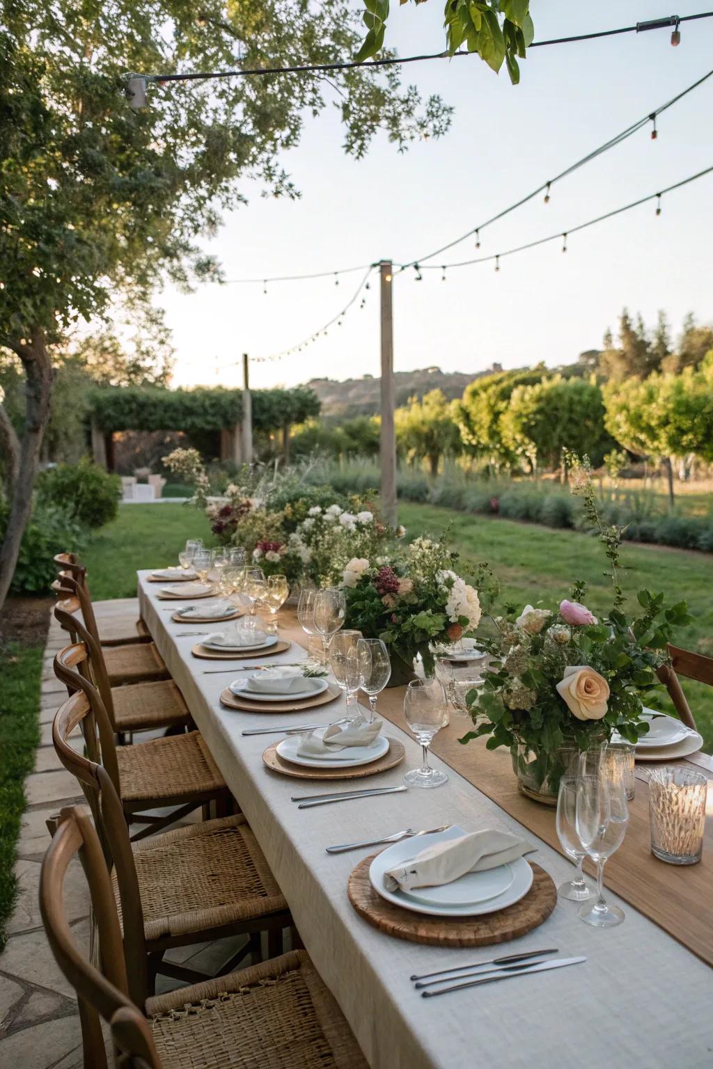 An elegantly set outdoor dining table prepared for guests.