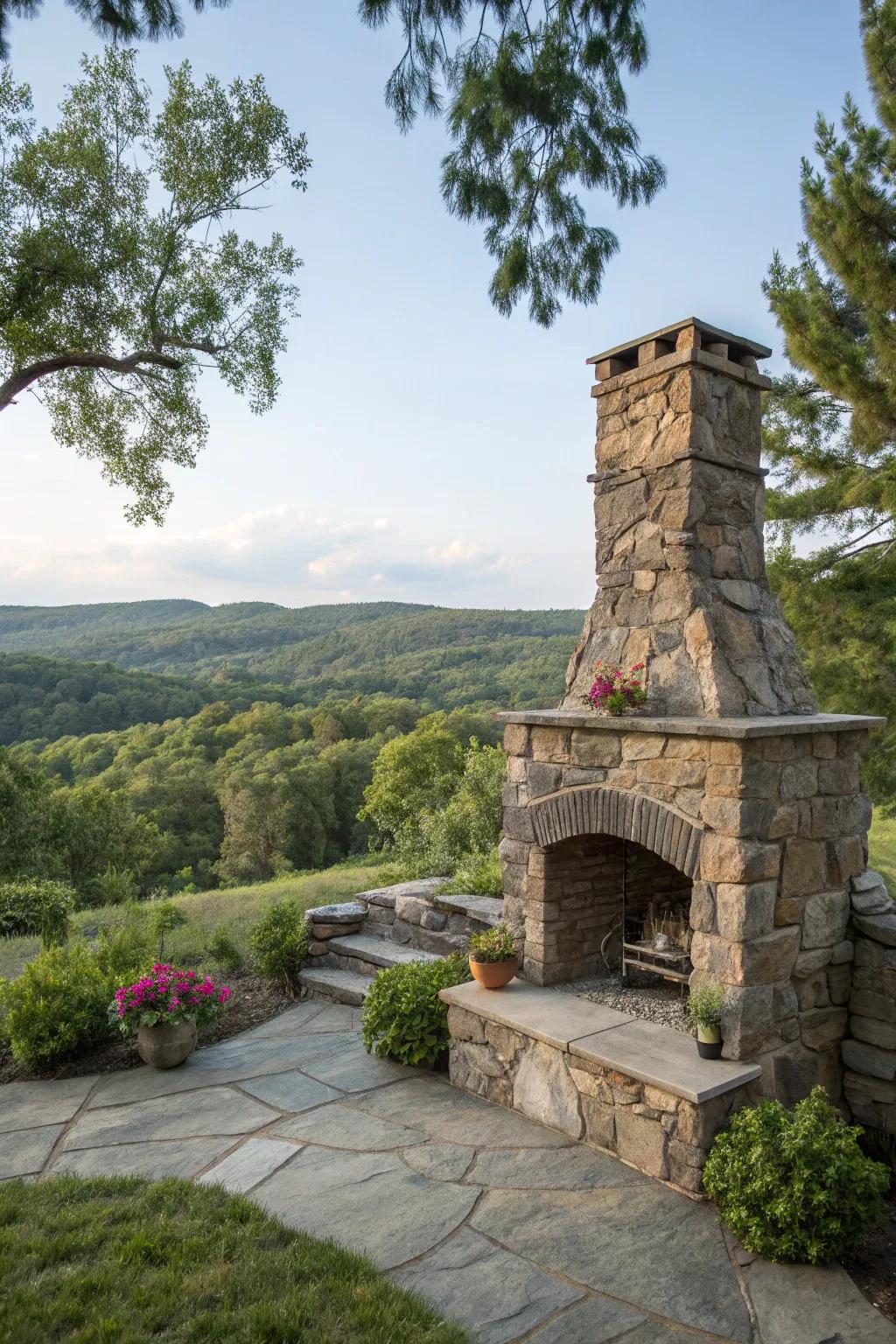 Conjure a harmonious outdoor expanse with a native stone hearth.